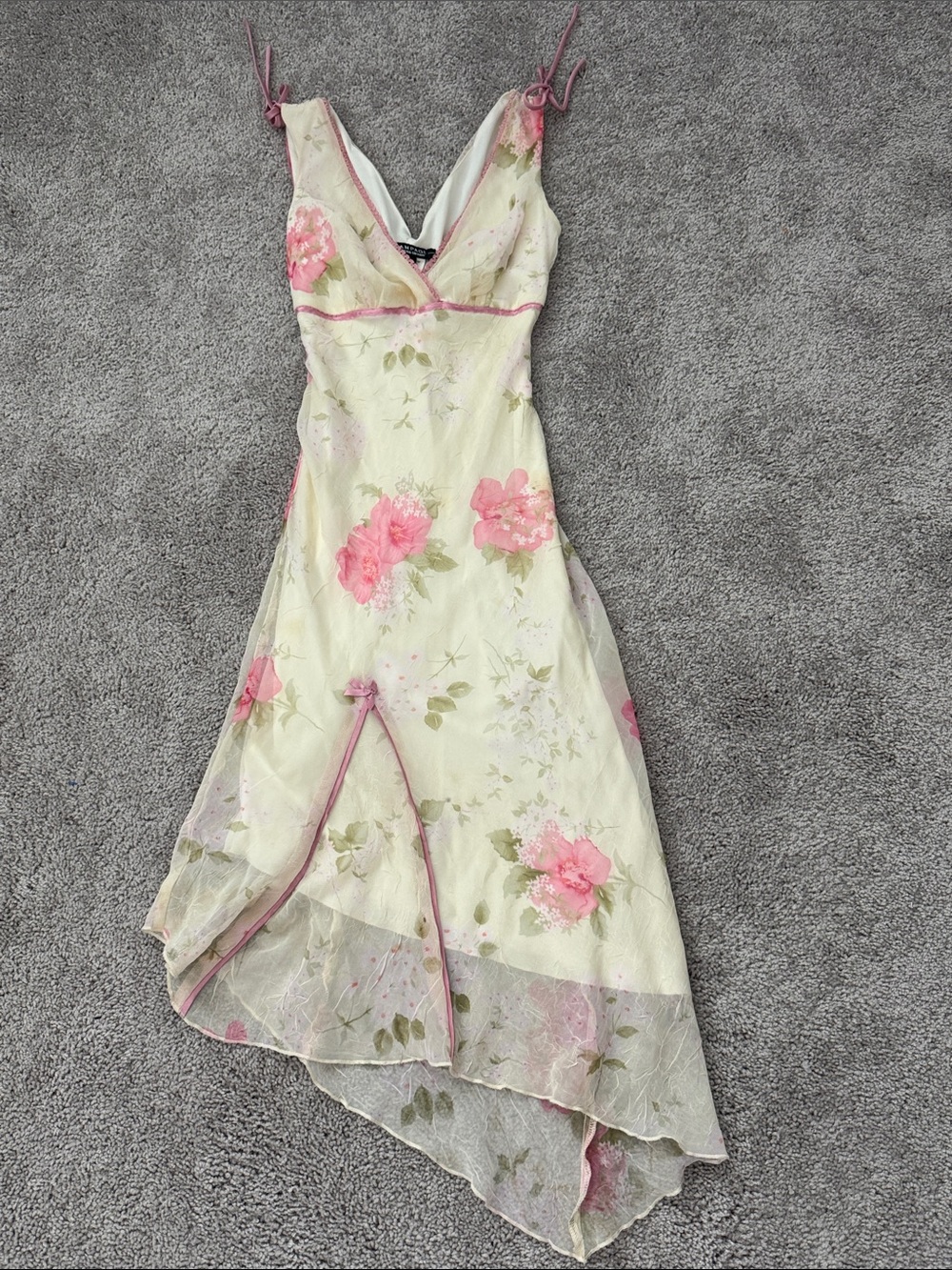 Vintage Rampage Pale Yellow Floral High-Low Dress with Pink Accents